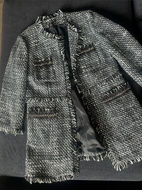 INC International Concepts Black & White Tweed Fringe Blazer